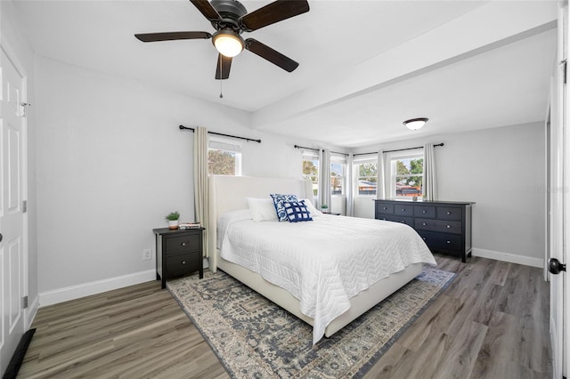 bedroom featuring multiple windows, baseboards, and wood finished floors