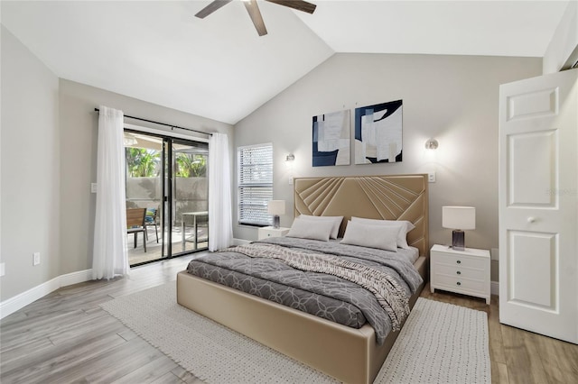 bedroom with vaulted ceiling, ceiling fan, access to exterior, and light wood-type flooring