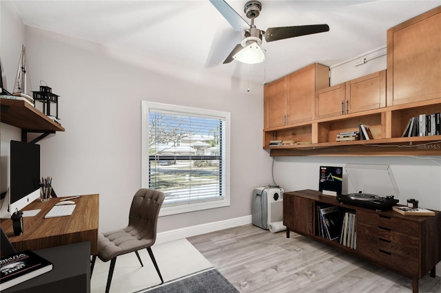 office area featuring ceiling fan and light hardwood / wood-style floors