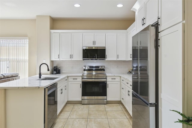 kitchen with sink, appliances with stainless steel finishes, tasteful backsplash, white cabinets, and kitchen peninsula