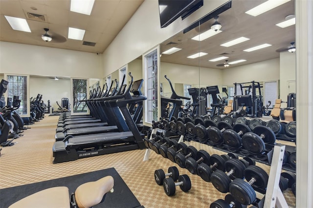 workout area featuring carpet, a towering ceiling, and a paneled ceiling