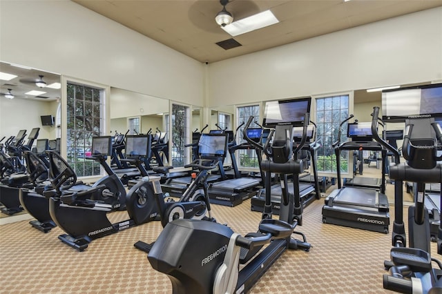 workout area featuring ceiling fan, carpet floors, and a high ceiling