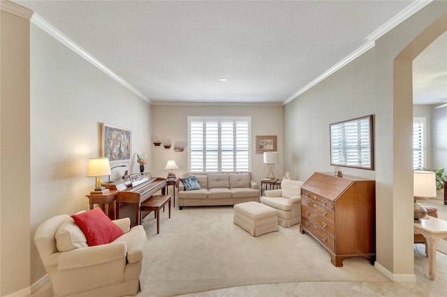 living room featuring crown molding, light carpet, and a textured ceiling