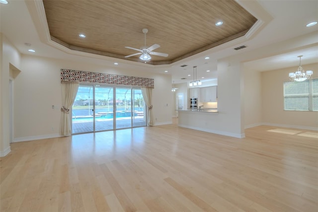 unfurnished living room featuring light wood-type flooring, wood ceiling, visible vents, and a raised ceiling