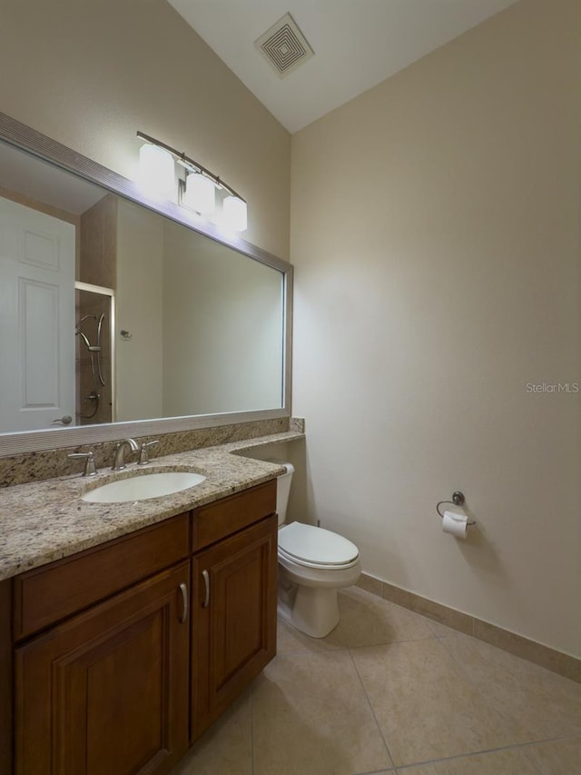 full bathroom with a stall shower, visible vents, toilet, tile patterned flooring, and vanity