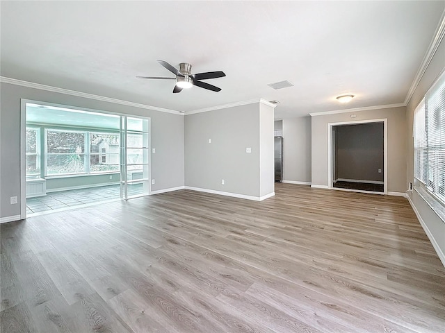 unfurnished living room featuring ornamental molding, light hardwood / wood-style floors, and ceiling fan