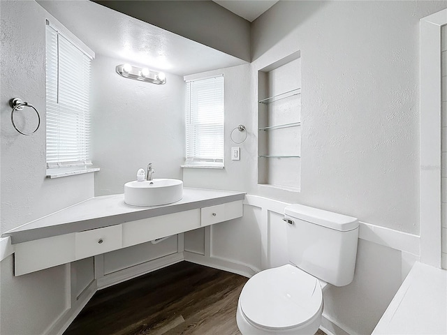 bathroom with hardwood / wood-style flooring, vanity, and toilet