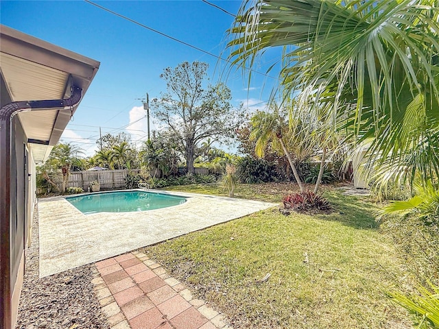 view of swimming pool with a patio and a lawn