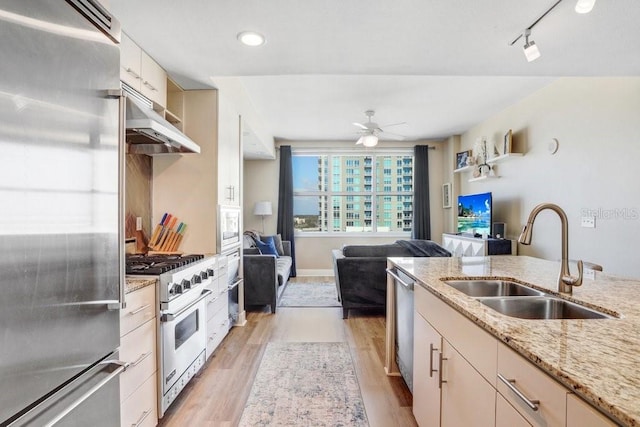 kitchen with sink, premium appliances, ceiling fan, light stone countertops, and light wood-type flooring