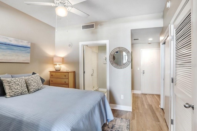 bedroom featuring ceiling fan and light wood-type flooring