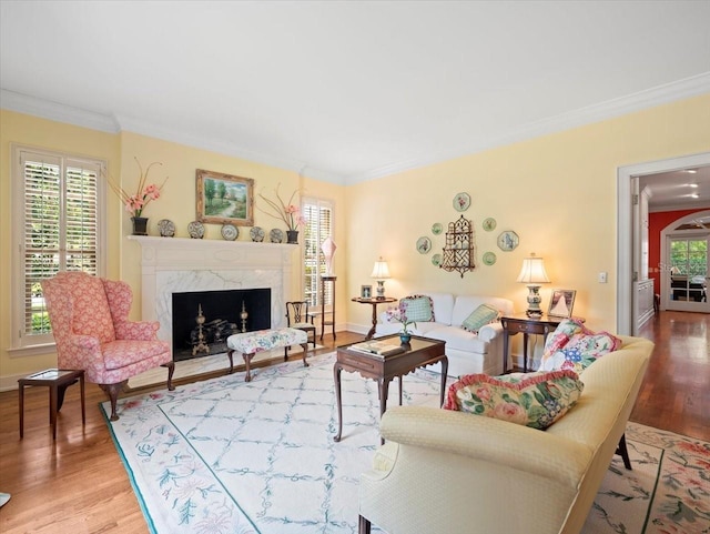 living room featuring crown molding, wood-type flooring, and plenty of natural light