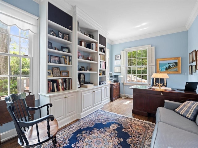 home office with crown molding and hardwood / wood-style floors