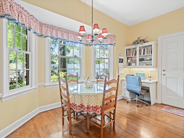 dining room with light hardwood / wood-style flooring and a chandelier