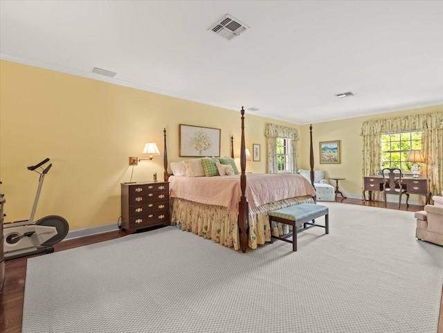 bedroom featuring multiple windows and ornamental molding