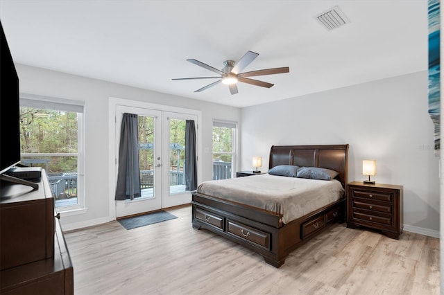 bedroom with french doors, ceiling fan, light wood-type flooring, and access to outside