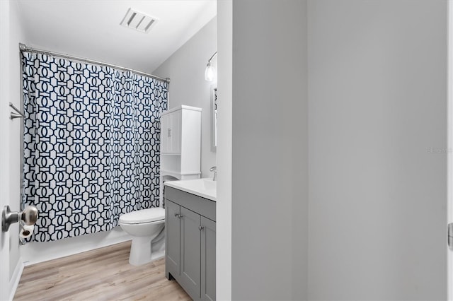 bathroom with vanity, wood-type flooring, and toilet