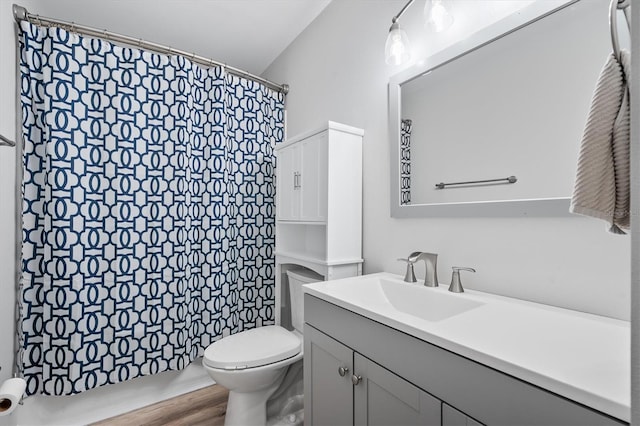 bathroom featuring hardwood / wood-style flooring, vanity, toilet, and a shower with shower curtain