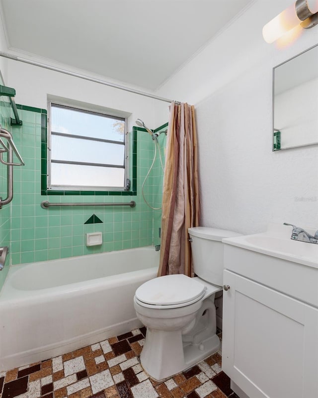 full bathroom featuring shower / bath combination with curtain, vanity, and toilet