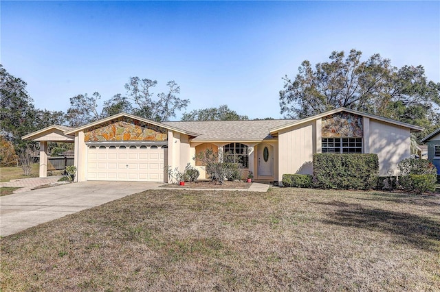 single story home with a garage and a front yard