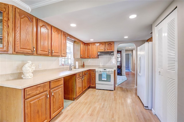 kitchen with sink, tasteful backsplash, light hardwood / wood-style flooring, ornamental molding, and white appliances