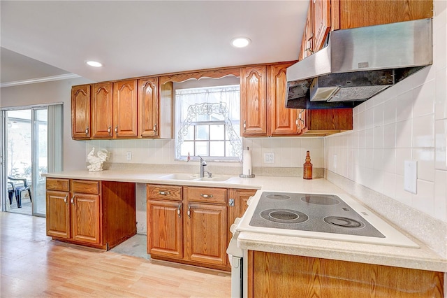 kitchen featuring range, sink, decorative backsplash, and light wood-type flooring