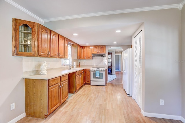 kitchen with crown molding, white appliances, light hardwood / wood-style floors, and backsplash