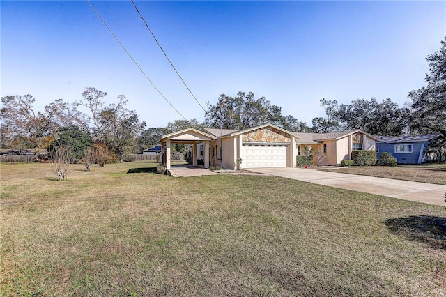 single story home featuring a garage and a front yard