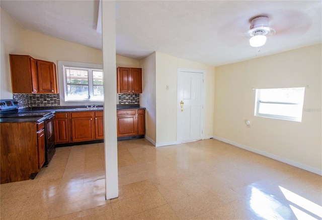 kitchen with sink, backsplash, ceiling fan, and electric stove