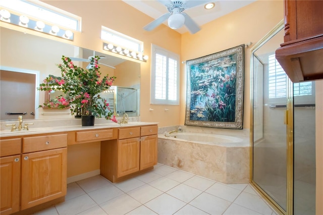 full bathroom featuring double vanity, a shower stall, a sink, and tile patterned floors