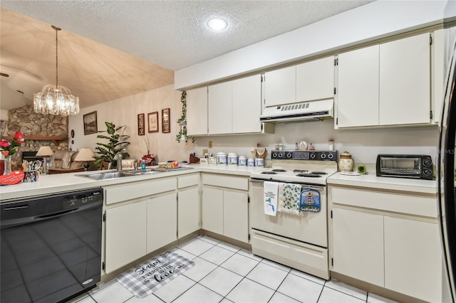 kitchen featuring sink, a textured ceiling, electric range, dishwasher, and white cabinets