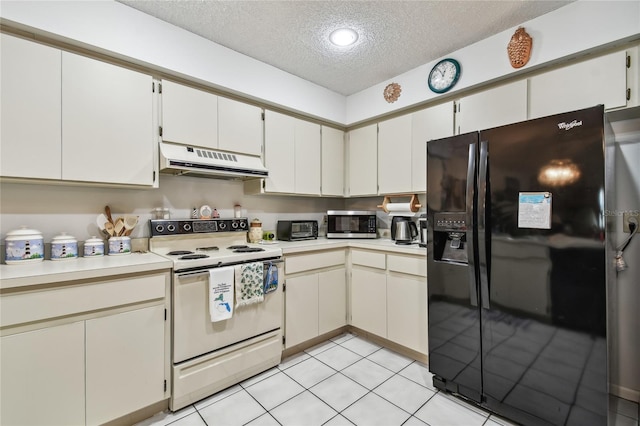 kitchen featuring white range with electric cooktop, white cabinetry, a textured ceiling, light tile patterned flooring, and black fridge with ice dispenser