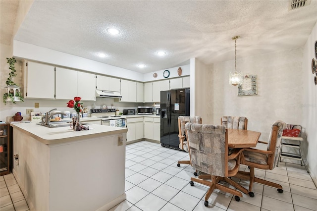 kitchen featuring pendant lighting, white cabinetry, white electric stove, and black refrigerator with ice dispenser