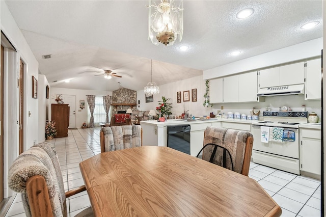 kitchen featuring pendant lighting, lofted ceiling, white cabinetry, black dishwasher, and white range with electric stovetop