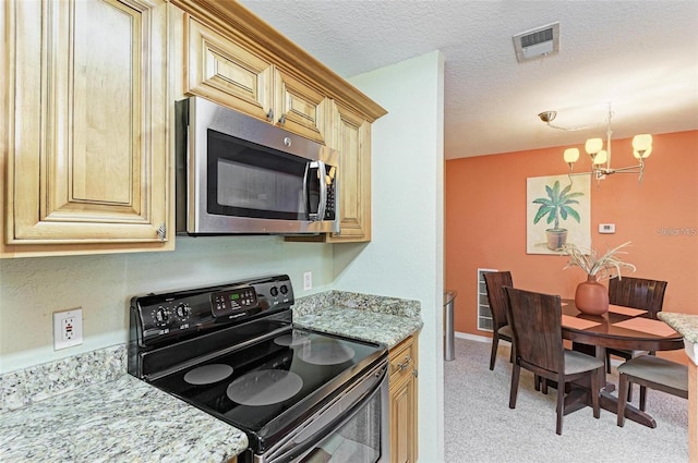 kitchen featuring black electric range, light stone countertops, a textured ceiling, light carpet, and a chandelier