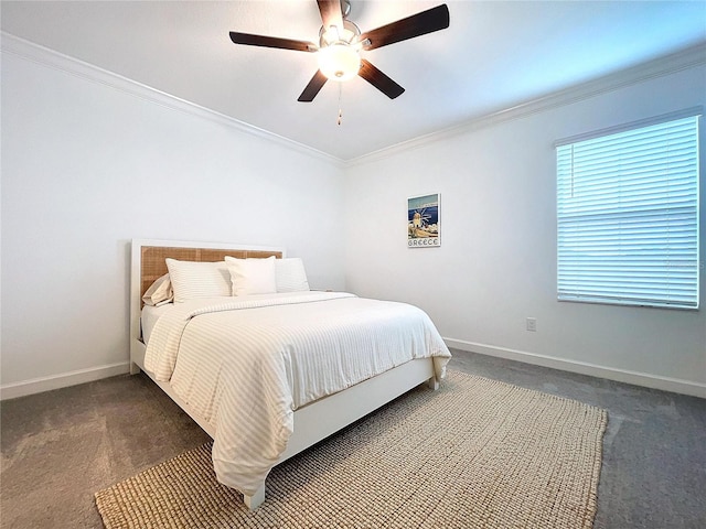 bedroom featuring ornamental molding, ceiling fan, and dark colored carpet