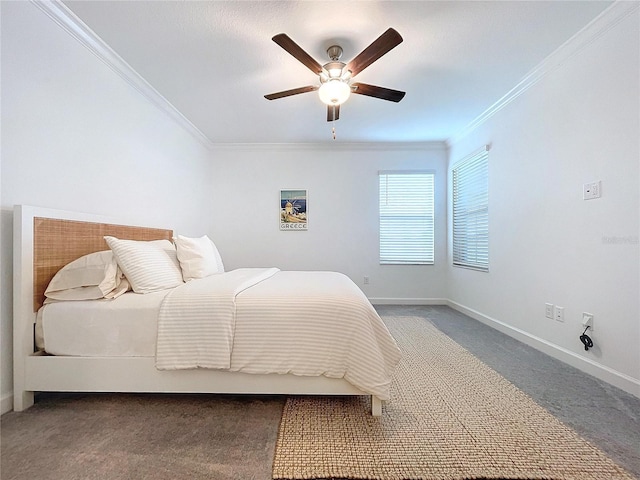 bedroom with ornamental molding, ceiling fan, and carpet