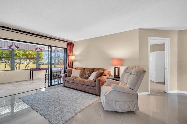 living room featuring a textured ceiling