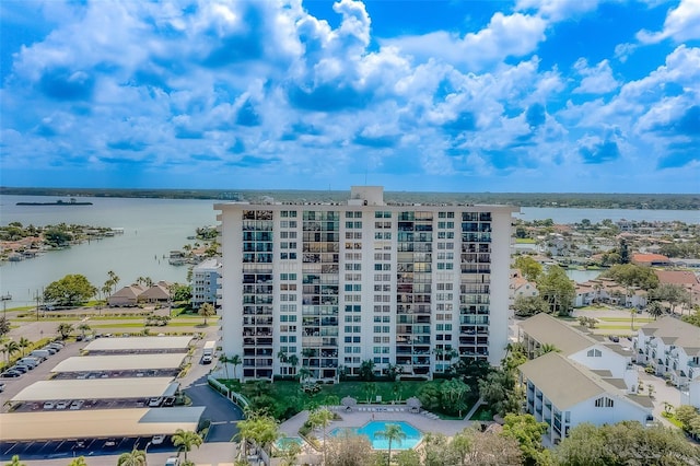 view of building exterior featuring a water view