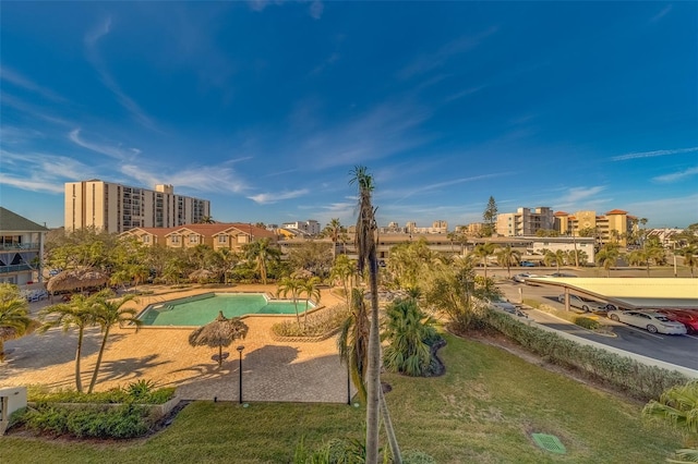 view of swimming pool featuring a lawn