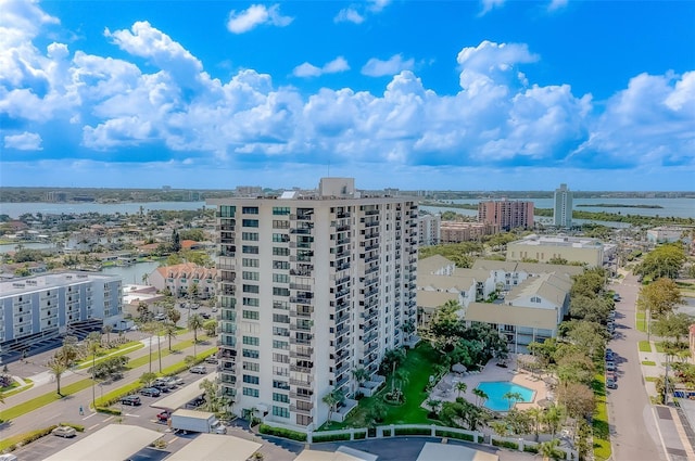 bird's eye view with a water view