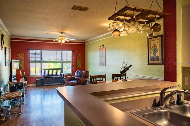 kitchen featuring sink, crown molding, dark wood-type flooring, ceiling fan, and a textured ceiling