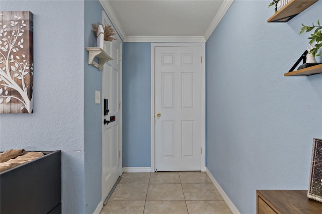 entryway featuring ornamental molding and light tile patterned flooring