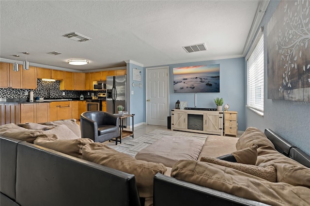 living room with crown molding and a textured ceiling