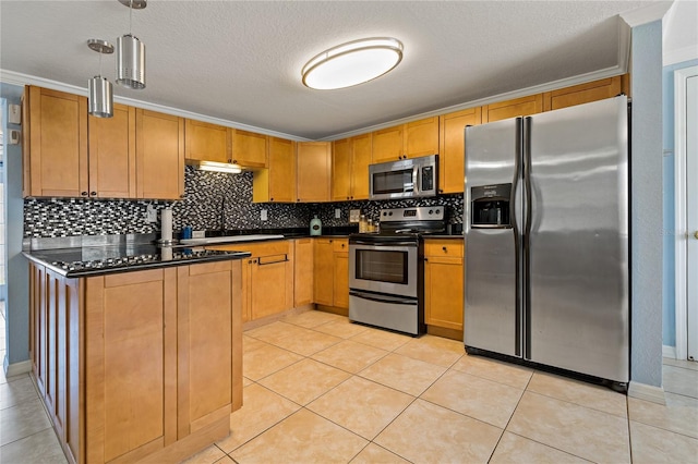 kitchen featuring stainless steel appliances, light tile patterned flooring, pendant lighting, and backsplash