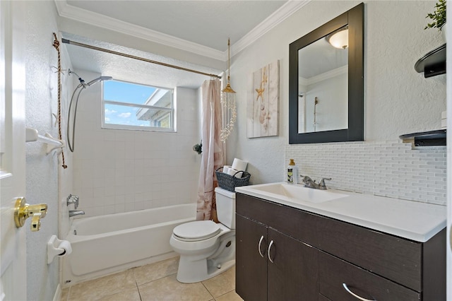 full bathroom with shower / tub combo with curtain, tile patterned flooring, ornamental molding, vanity, and toilet