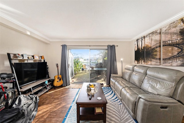 living room featuring ornamental molding and hardwood / wood-style floors