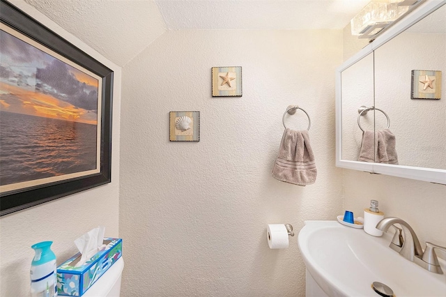 bathroom with lofted ceiling, sink, and a textured ceiling