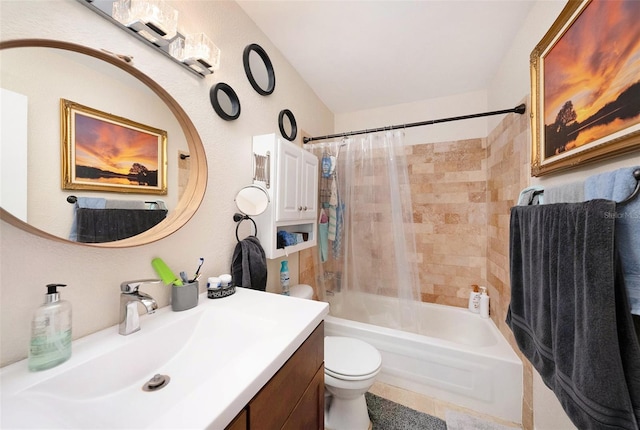 full bathroom with shower / bath combo, vanity, and toilet