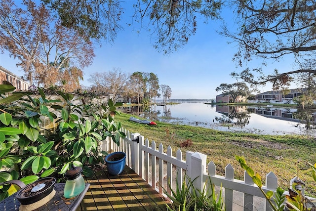 exterior space with a water view