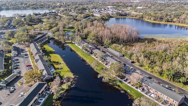 drone / aerial view with a water view